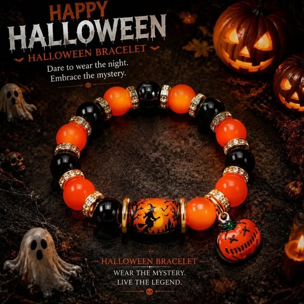 Elastic Halloween Crystal Bracelet Colorful Beads Spooky Ghost Beaded Bracelet with Pendant Ancient Castle Pumpkin Bracelet