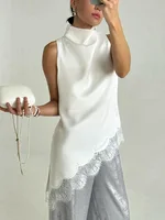 Bornladies 2026 Summer Women's Satin High Neck Vest Irregular Silhouette Delicate Lace Tanks Trim Sleeveless Top - Image 3