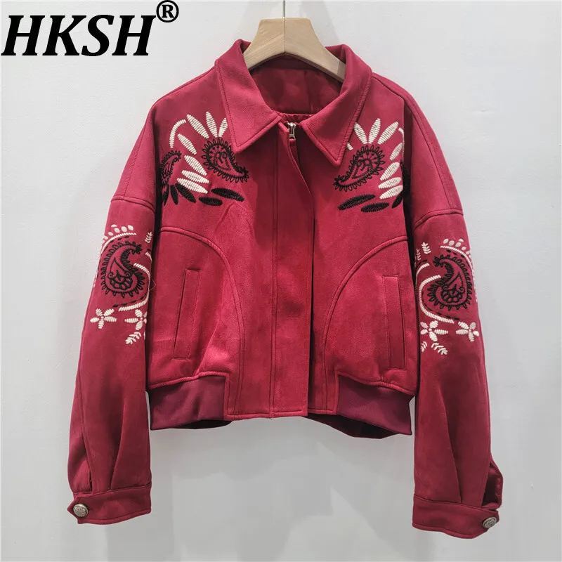 

HKSH Spring Autumn New Women Short Jacket Faux Suede Embroidery Turn-Down Collar Zipper Pockets Streetwear Chic Ins Coat HK13810