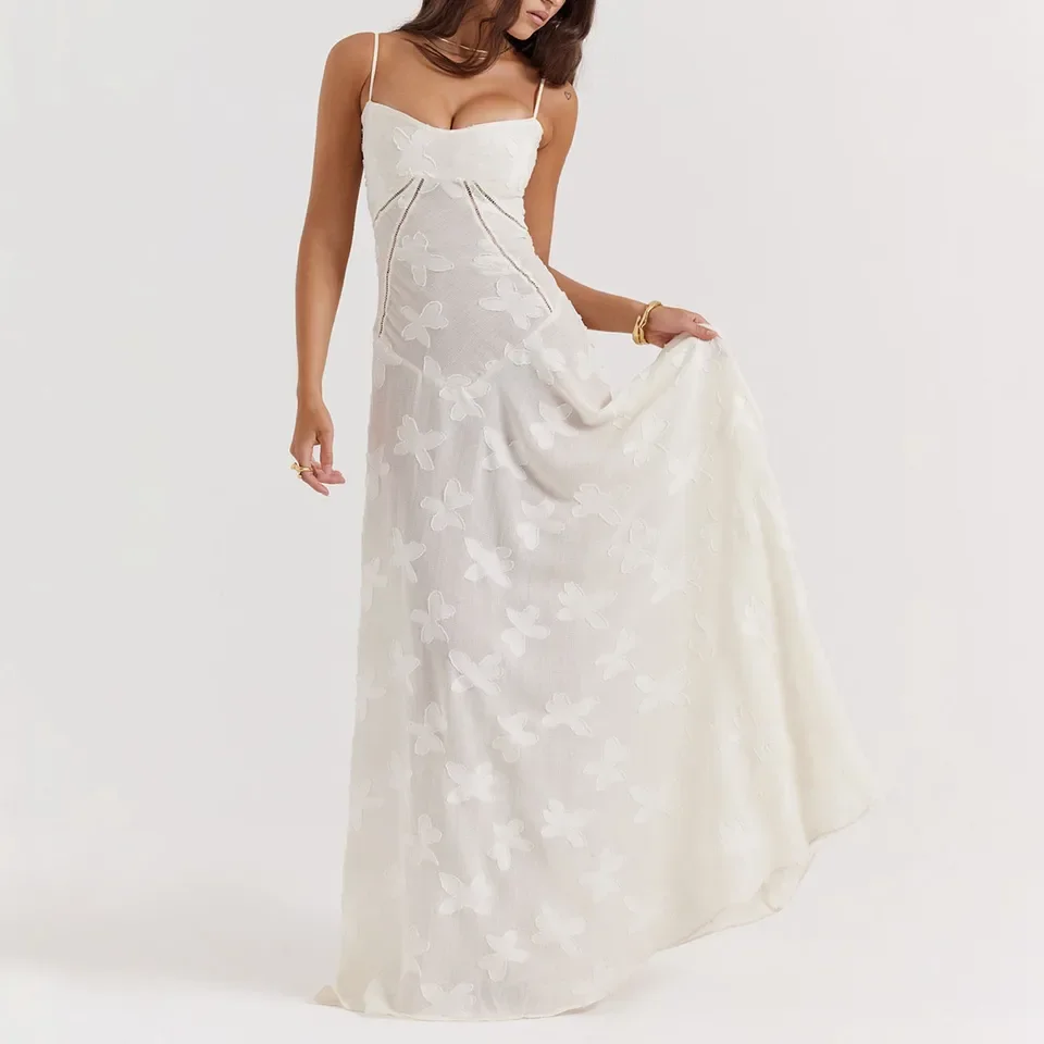 

Fairy White Slip Dress Women Embroidery Sleeveless Maxi Dress Low Cut Backless Drawstring Sexy Long Beach Sundress