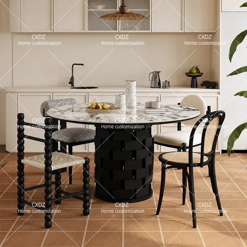 Retro Marble Slate Round Dining Table Modern Simple Solid Wood Table and Chair Set for Small Apartment Household Use