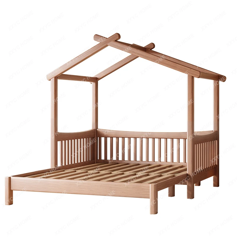 Lit rétractable tout en bois massif pour enfants, maison pour garçons et filles, petit appartement, épissage avec garde-corps, lit coulissant de 1.5m