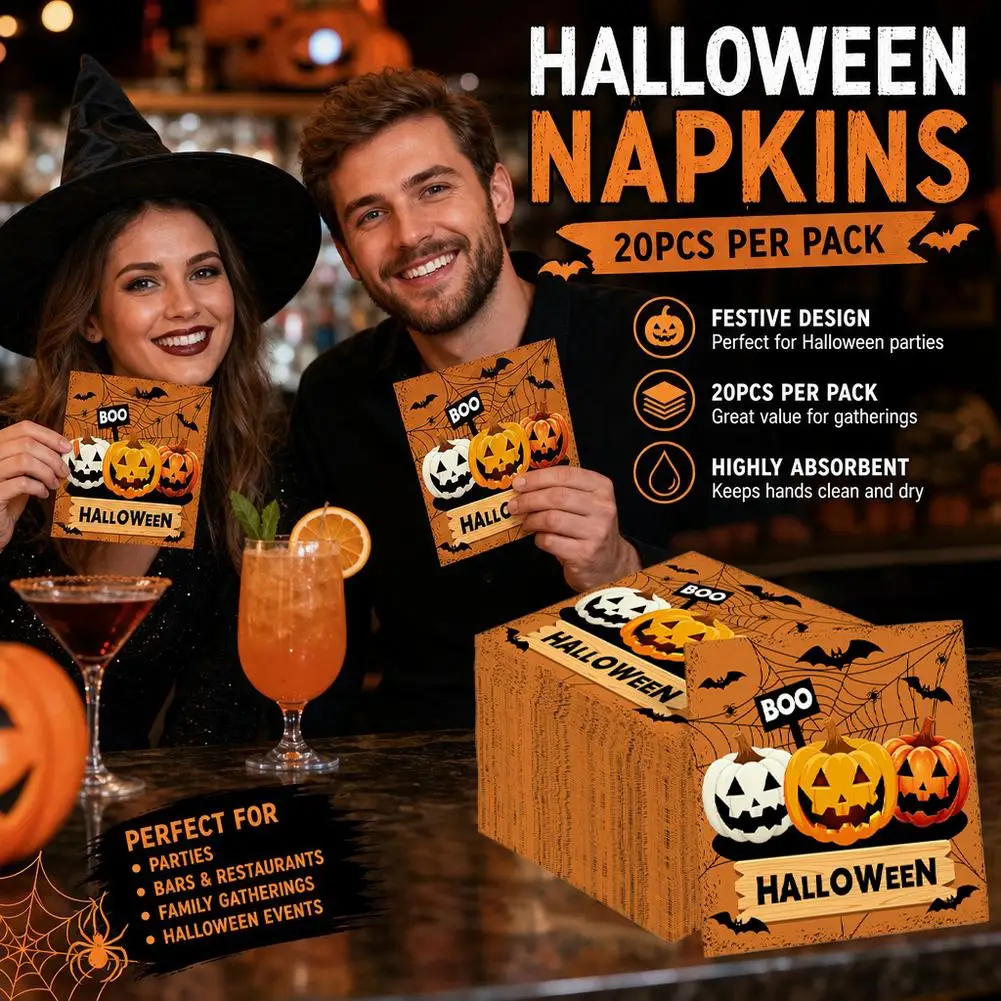 Halloween Disposable Paper Napkins 20Pcs Pumpkin Ghost Bat Skeleton Print Spooky House Party Table Halloween Paper Napkins Pack