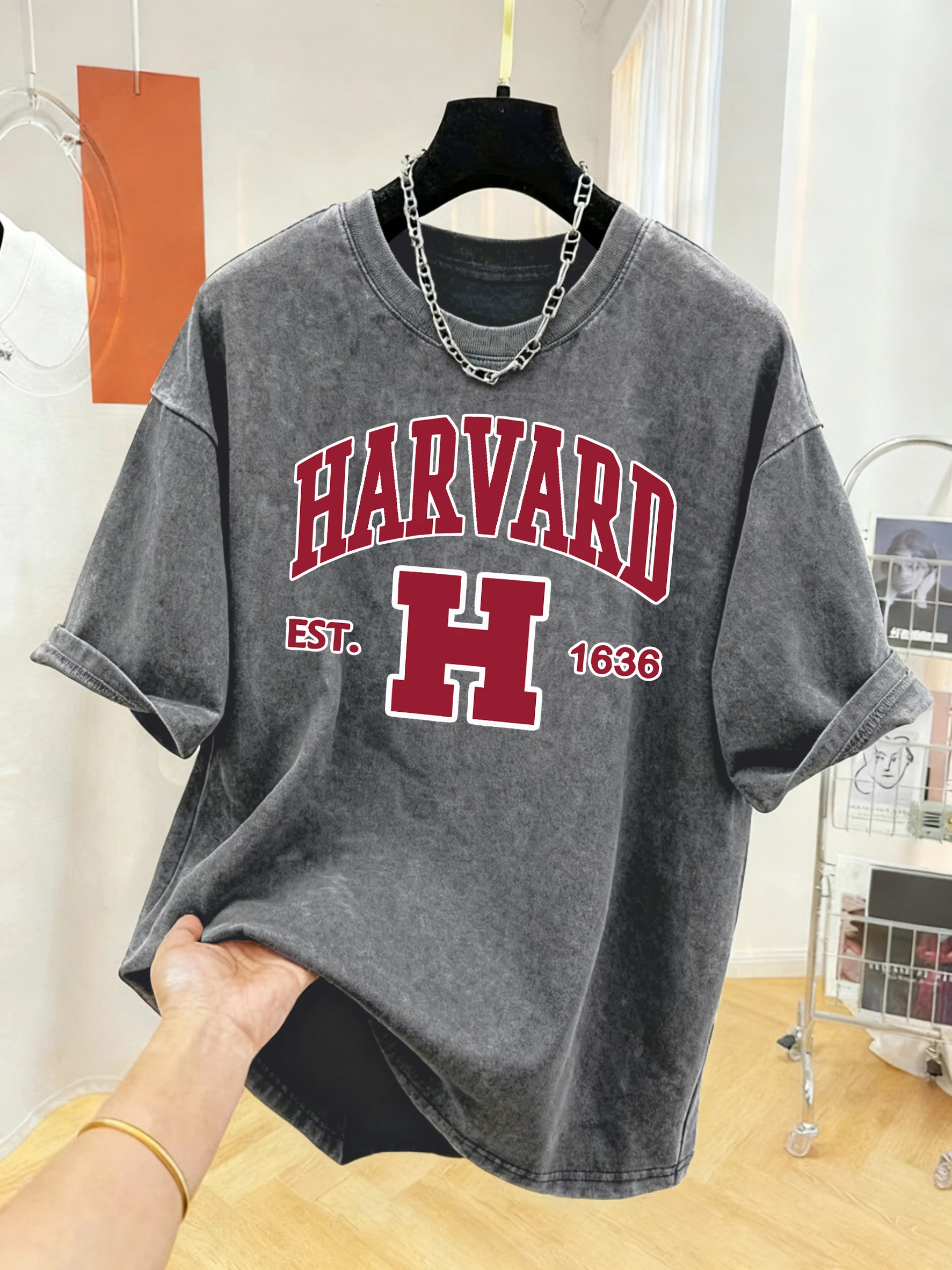 Harvard University 1636 Muster Herren Trendige Gewaschene T-Shirts Sommer Lässiges T-Shirt Lose Übergroße Oberteile Basic Bequemes Kurzarm-Shirt