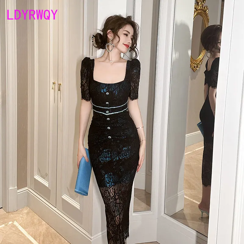 

Temperament square neck set diamond-set cutout lace dress summer 2023