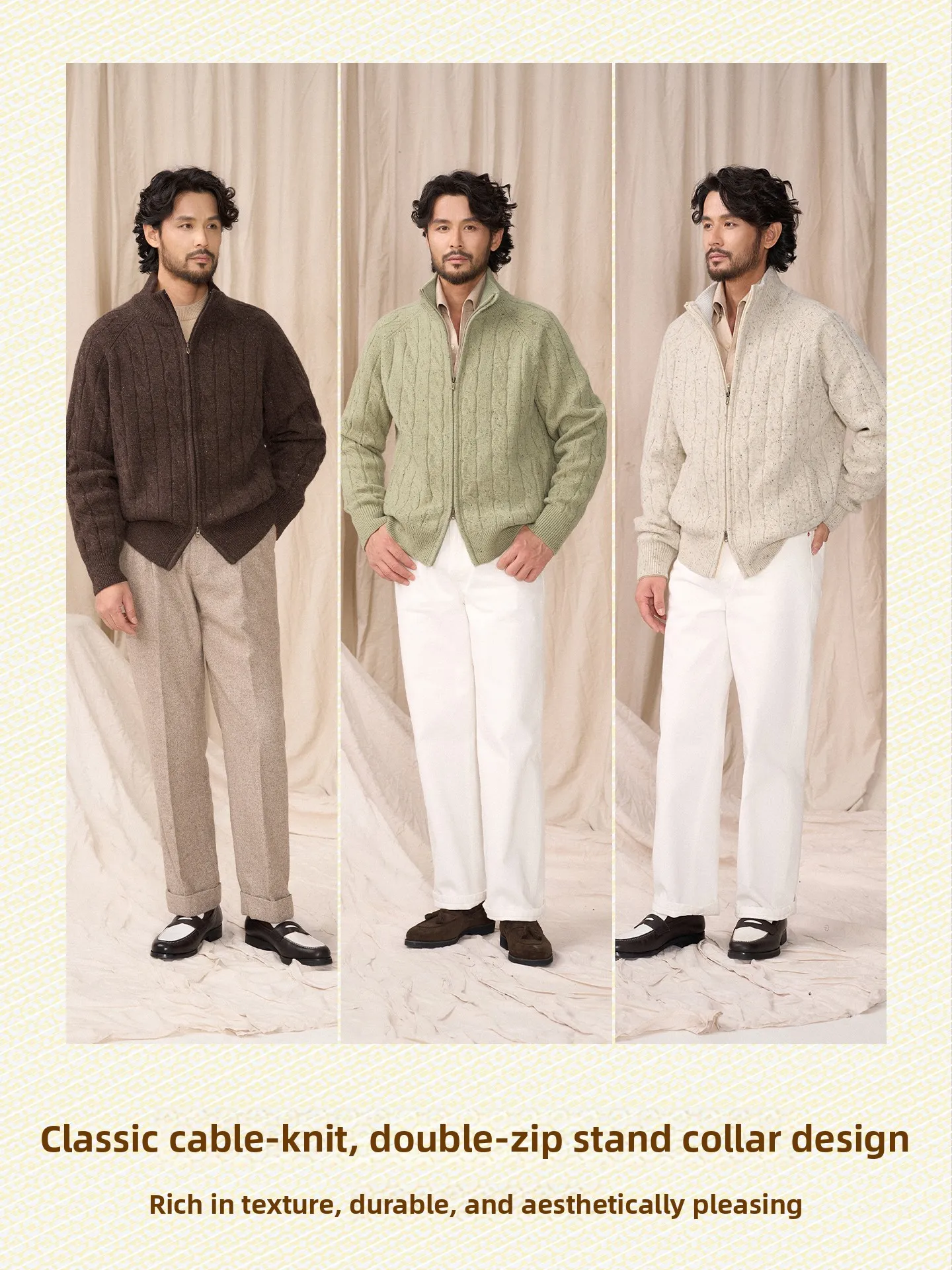 Thiened Woolen Knitted Sweater Men's Cardigan Coat Double Zipper Twist Flower Design Stand Collar Warm Casual Sle Winter ...