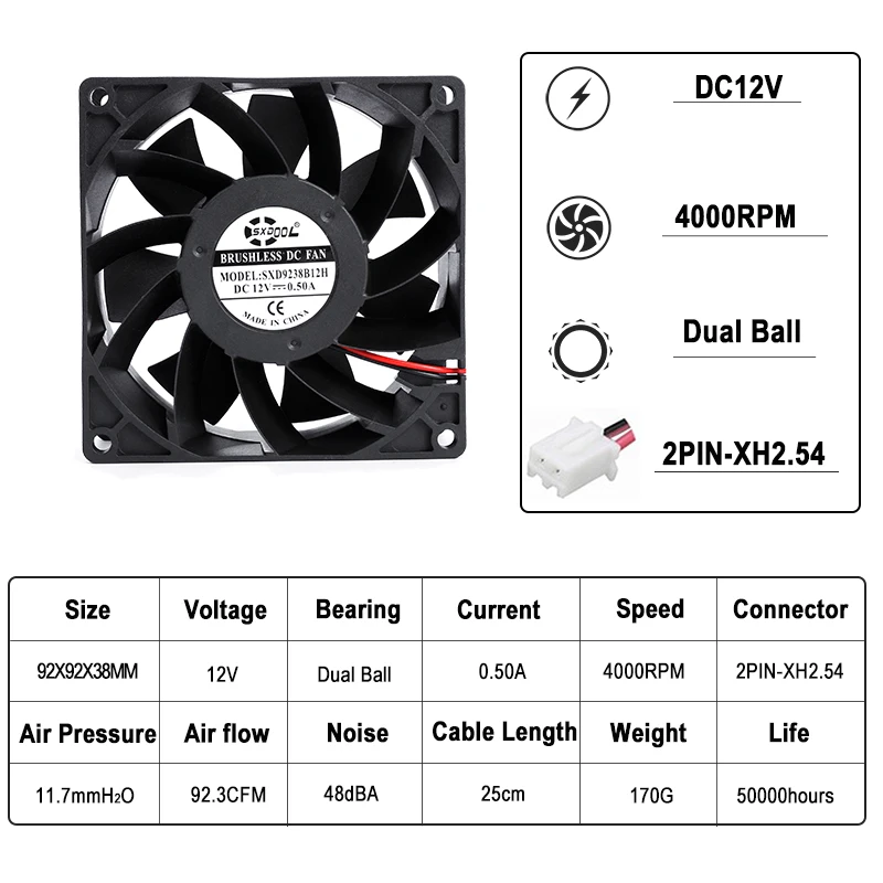 92mm cooling fan 9cm 90mm 92X92X38mm DC12V powerful cooling fan 0.50A 4000RPM 92.3CFM case cabinets chassis cooling fan