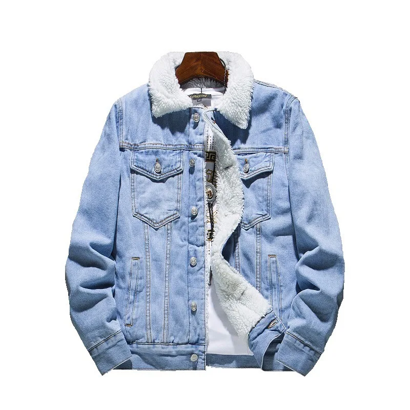 

Men's Vintage Style Velvet Lamb Wool Denim Jacket with Fur Inside Winter New Plus Size Jean Coat