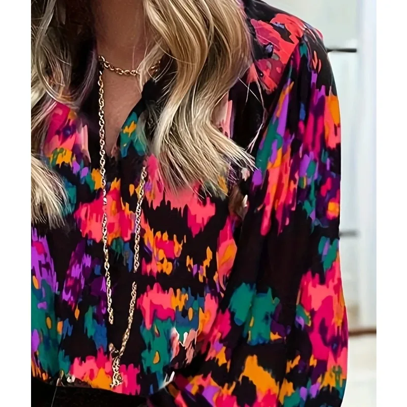 Blus Lengan Puff Cetak Celup Dasi Wanita Baru Ukuran Besar 1XL-5XL Blus Wanita Modis dan Nyaman