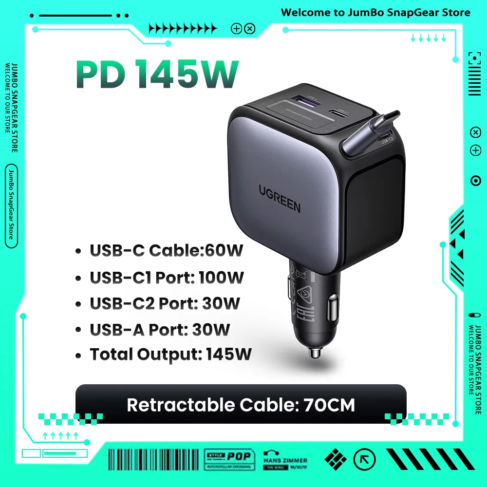 

UGREEN USB Type-C Car Charger PD145W 90W 60W Retractable Cable PD SCP AFC PPS Fast Charging For Tablet iPhone Samsung Xiaomi