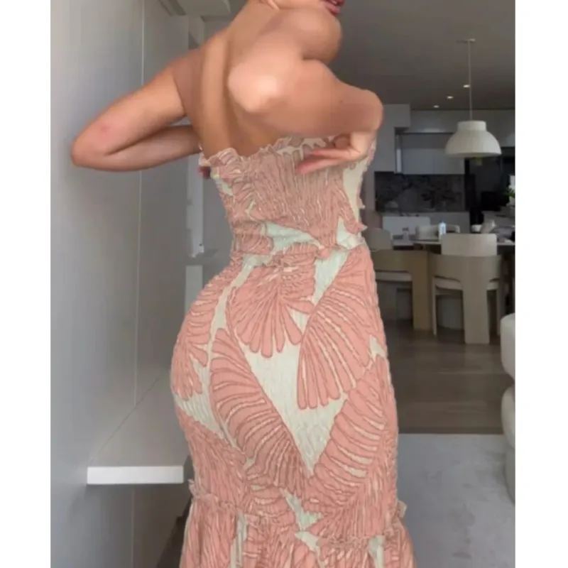 2025 New Hollow Out Splic Palm Leaf Print Long Dresses For Women Sexy Sleeveless Breast Wrap Bag Hip Beach Vacation Dress Robe