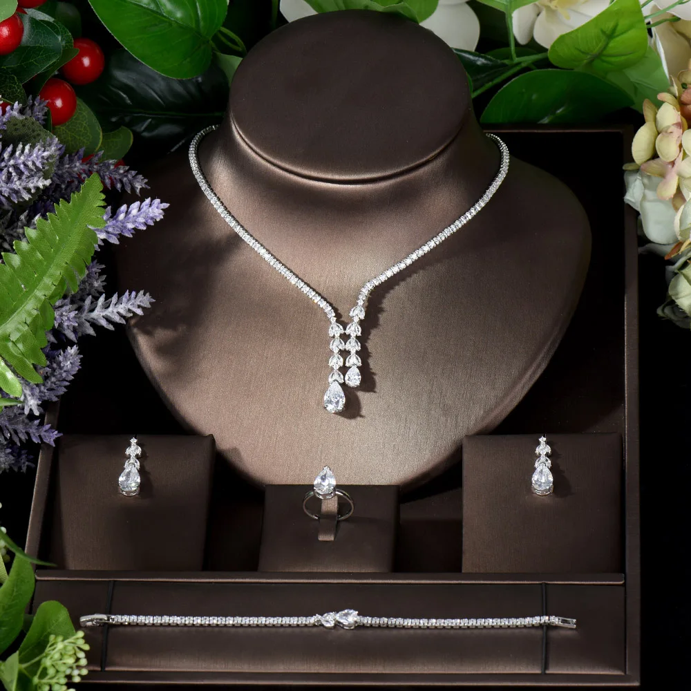 HIBRIDE Tear Water Cubic Zirconia Dubai Nigeria Wedding Jewelry Sets 4pcs Necklace and Earring Sets Party Accessories N-1274