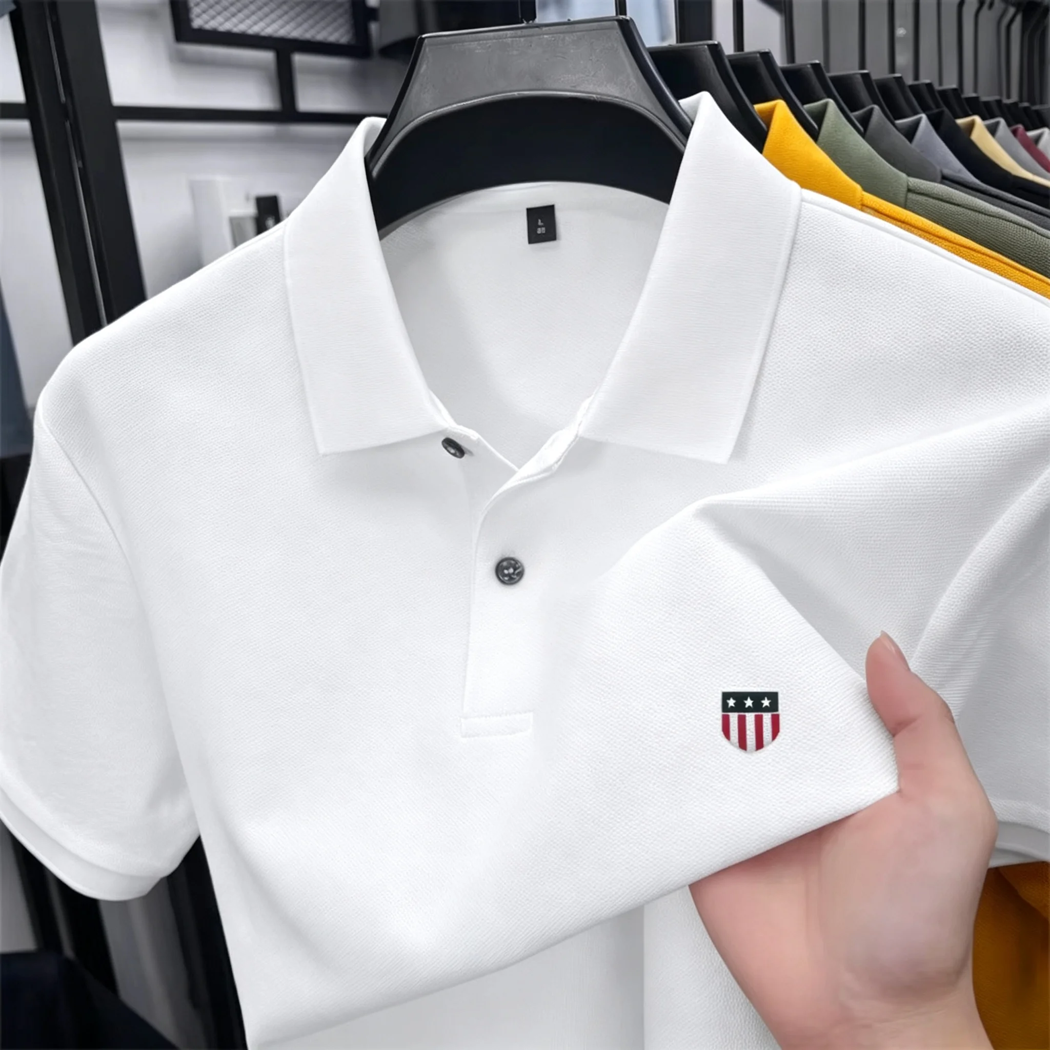 Men Summer Stand‑Collar Polo Shirt Printed Short Sleeve T‑Shirt Breathable Business Casual Menswear For Daily Office Wear