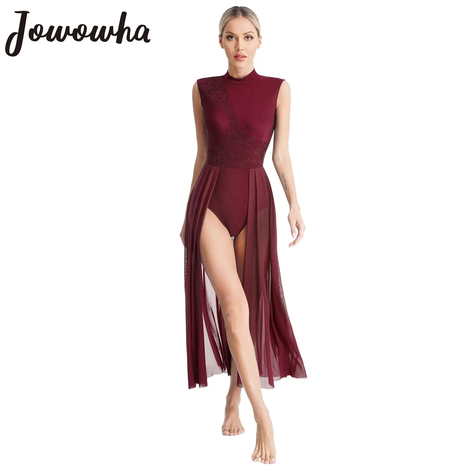 Lyrisches Tanzkleid für Damen, florale Spitze, geteiltes Mesh-Trikot, Ballett, Gymnastik, Skaten, moderne zeitgenössische Performance-Tanzkleidung