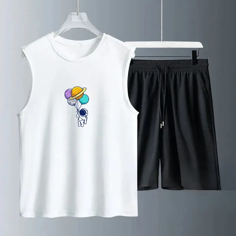 

Summer Mens Fashion Casual Basketball Outfit 2 Piece Breathable Short Sleeve Tshirt and Jogging Shorts Set Street Sportwear Thin