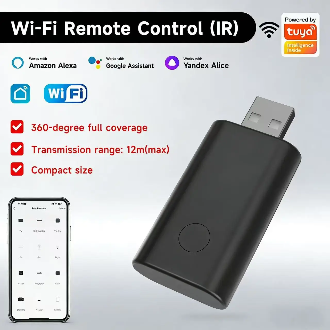 Tuya Smart WiFi IR  Control Adapter 360° Infrared Coverage 12m Range Compact USB Design Compatible with Alexa Google Assistant