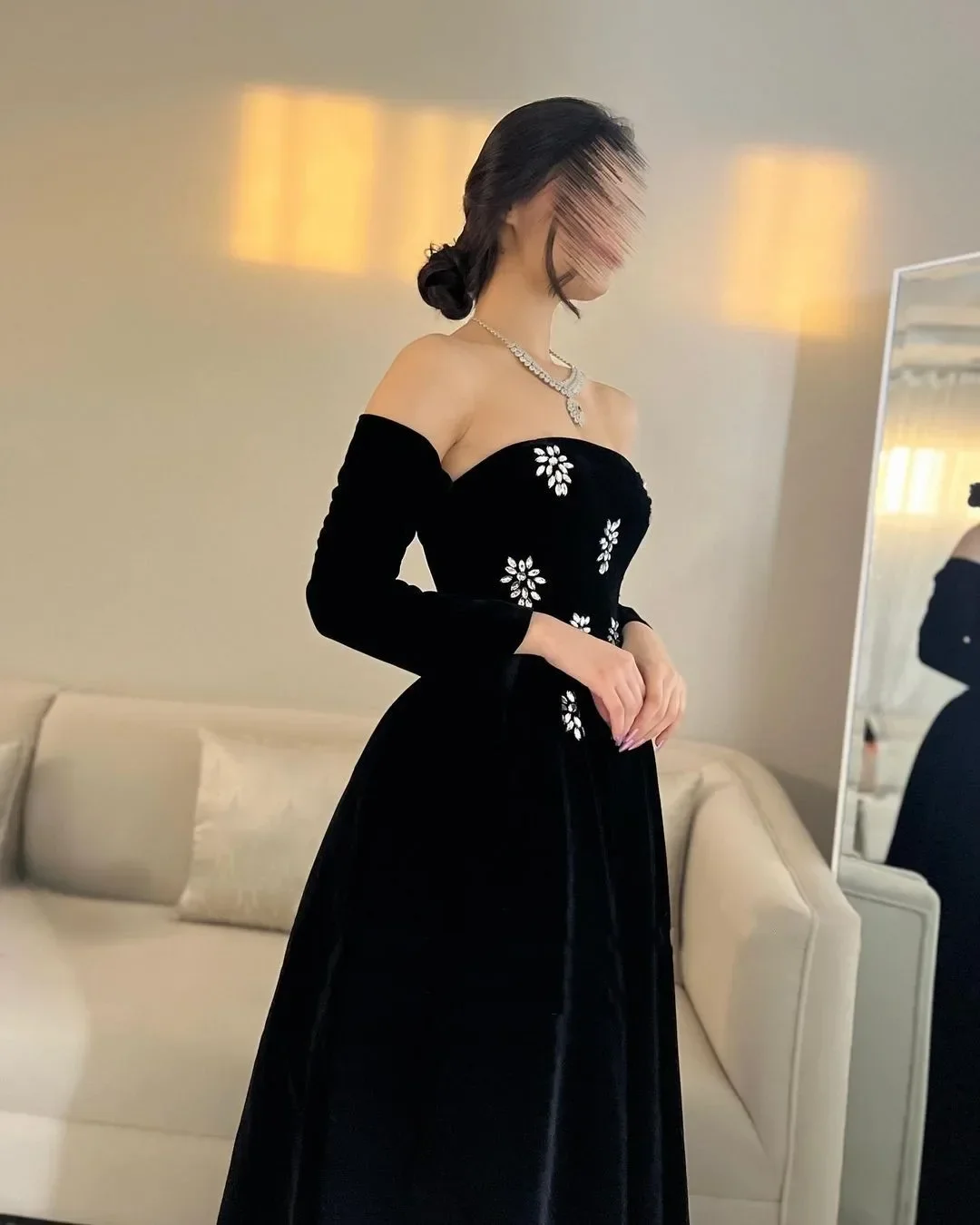 Customized Elegant Strapless Beaded Party Dresses Woman Long Sleeve Floor Length Eevning Dresses Dresses Gala for Special Ocn