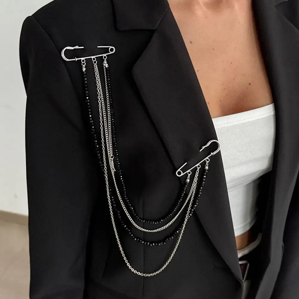 

Long Metal Chest Chain Brooch Ins Style Creative Hanging Chain Decoration Multi-layer Tassel Double Pin Brooches Fringe Chains