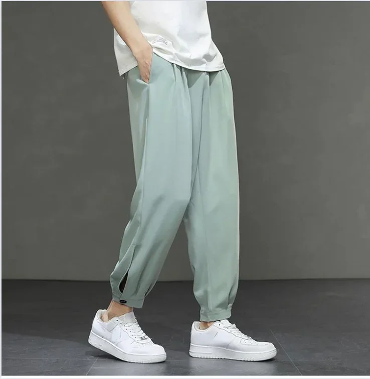 2024 Summer Thin Ice Silk Green Casual Pants for Men, Fashionable and Comfortable Sports Trousers with Elastic Cuffs