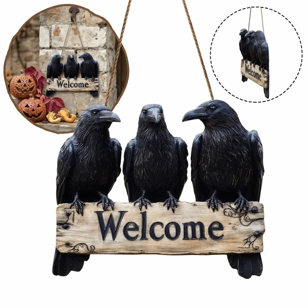 Black Crow Pattern Wooden Door Sign Hanging Tag Design Gothic Style Wall Hanging Ornament Wooden Material Welcome Sign