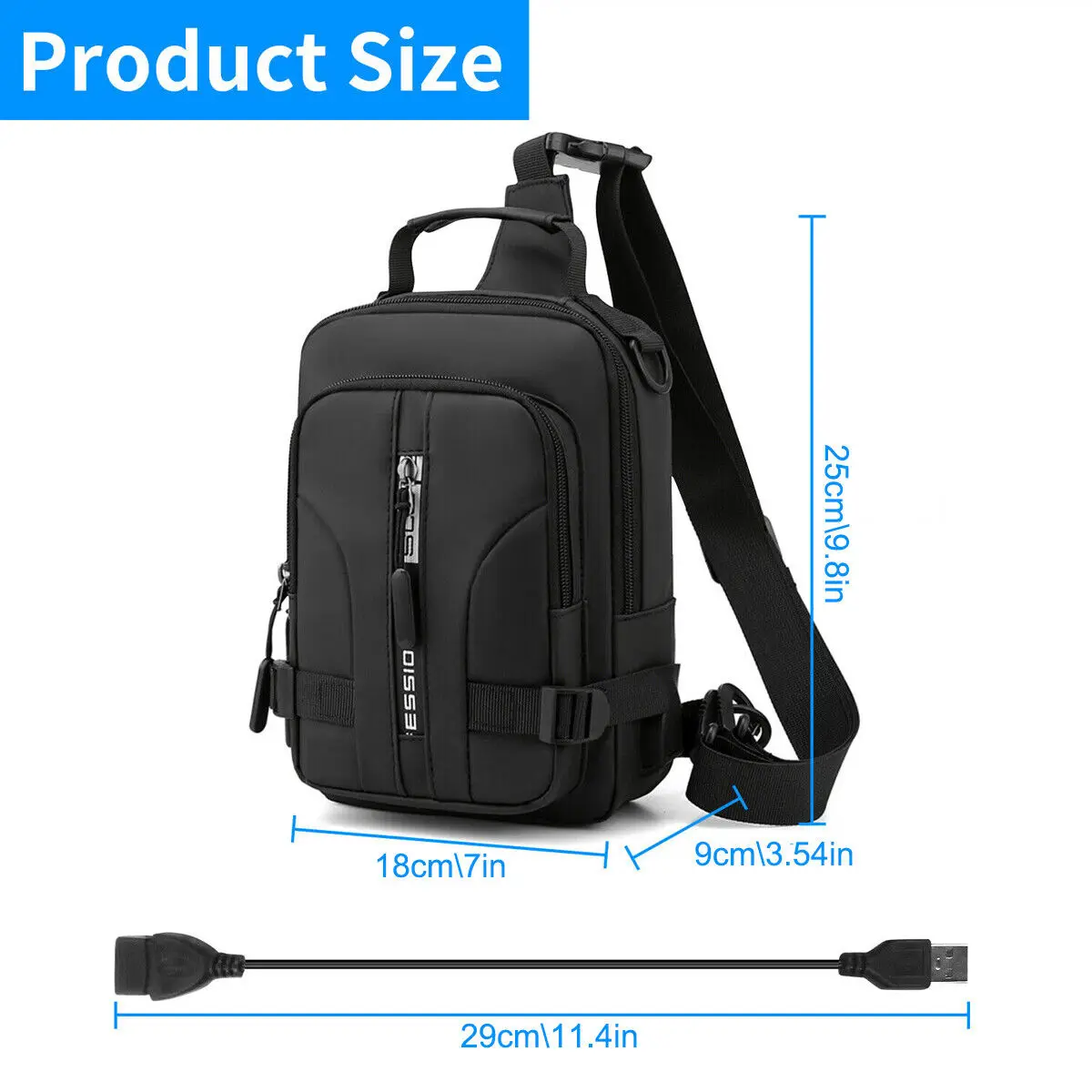 Men\'s Sling Crossbody Bag Anti-theft Chest Shoulder Messenger Backpack with USB Port for Outdoor Sports Traveling