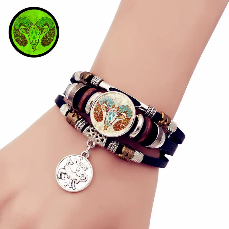 Retro Punk Leather Bracelet Glow Twelve Constellations Button Bracelet for Male and Female Students Couple Bracelet Jewelry
