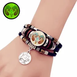 Retro Punk Leather Bracelet Glow Twelve Constellations Button Bracelet for Male and Female Students Couple Bracelet Jewelry
