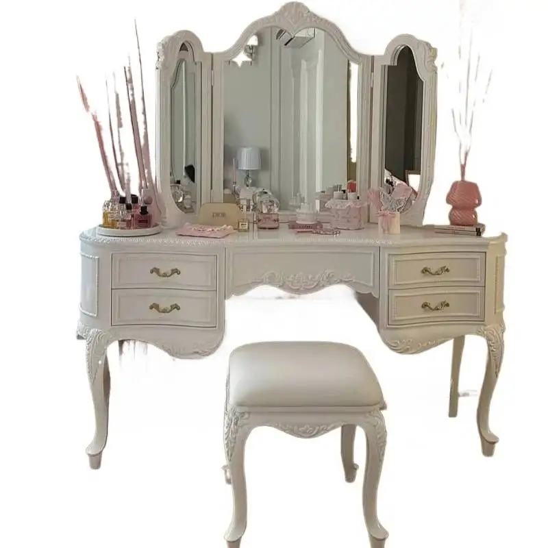 Wooden Luxury Vanity Table Dest European Hidden Glass Modern Dressing Table White Saving Makeup Tafel Furnitures For Bedroom