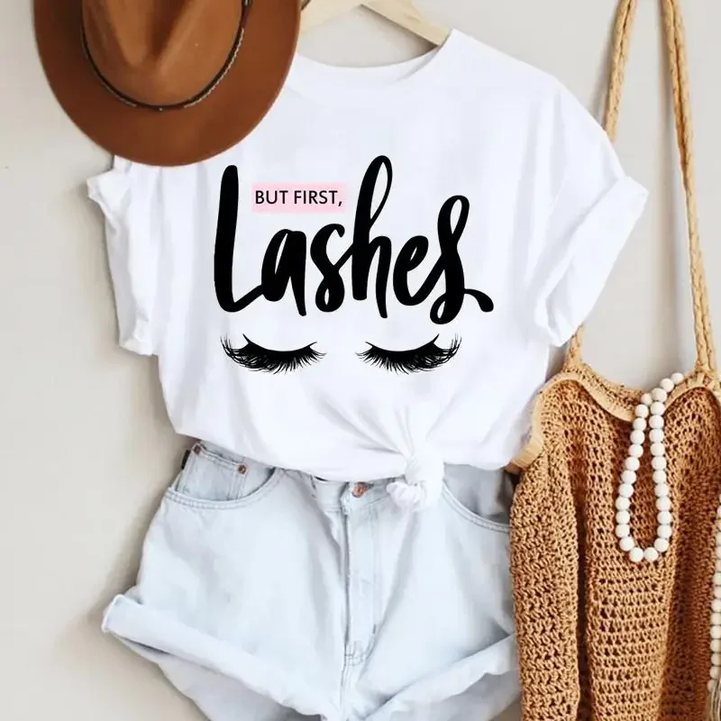 Women Make Up Letter Funny New Eye Eyelash Fashion Cartoon Summer Lady Print Tee Stylish T Top  Tshirts Clothes T-Shirt