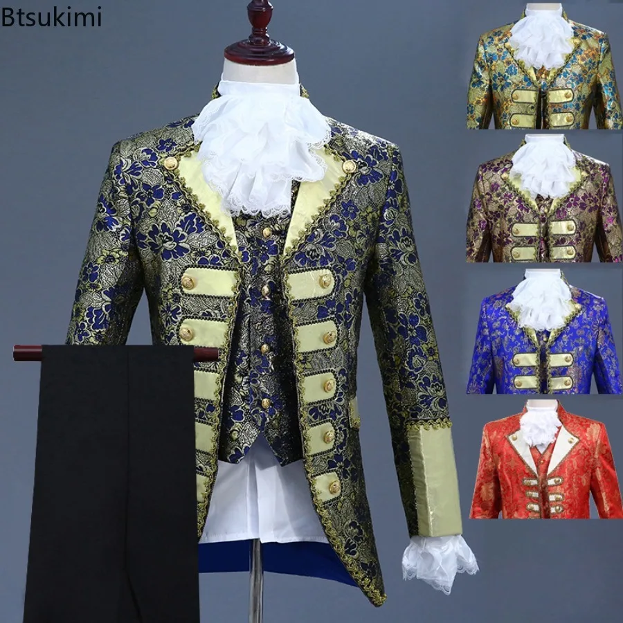 Medieval King Prince Cosplay Party Costumes Men's Vintage Court Formal Dress Three Piece Sets Nobleman Tuxedo Coats+Vest+Pants