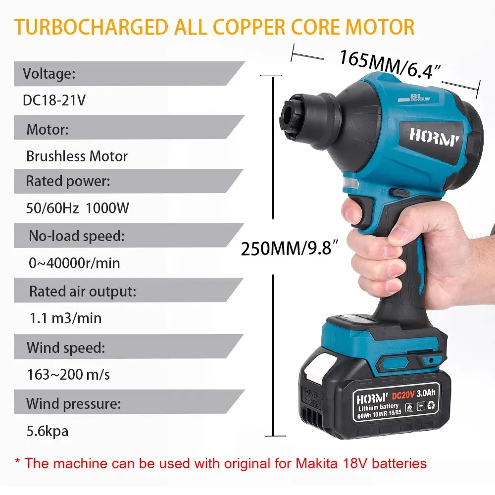 Hormy Brushless Electric Air Blower 80000RPM Dust Removing Rechargeable Wireless Cleaning Sweeper With Nozzle For Makita Battery