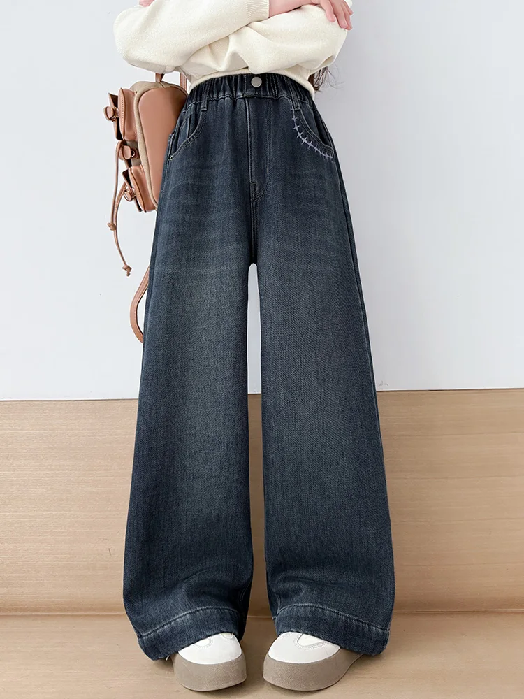 Jeans invernali a gamba larga per ragazze Pantaloni coreani a gamba larga per studenti delle scuole medie intercati Fce Pantaloni casual dal taglio dritto