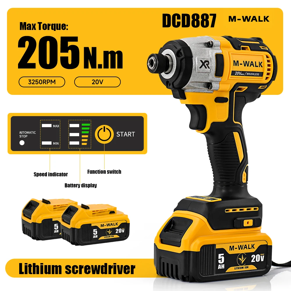

M-WALK DCF887 Brushless Cordless Screwdriver 205N.m Electric Impact Driver Electric Drill Power Tools For Dewalt 20V Battery Pin