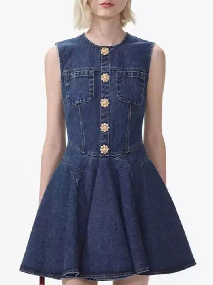 Women Denim Dress Pearl Rhinestone Buttons O-Neck Sleeveless Elegant Summer 2024 Mini Robe