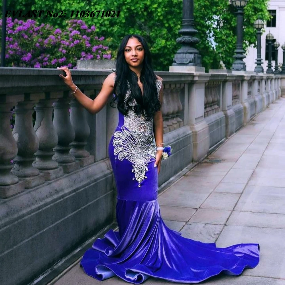 EVLAST Customized Glitter Purple Velvet Mermaid Prom Dress Silver Crystal Beaded Black Girls Formal Evening Party Gown E2P282