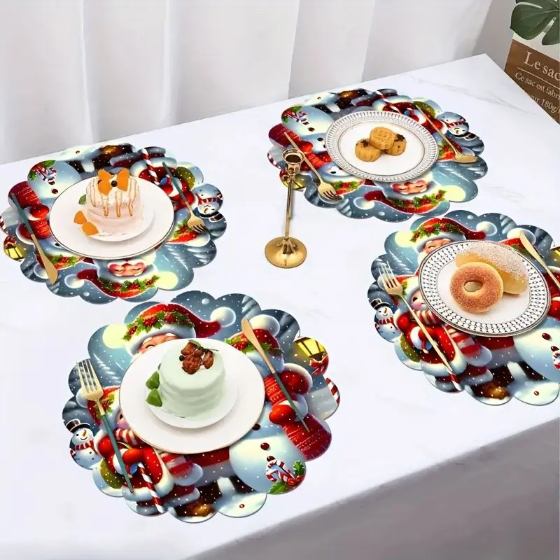VIKAMA Cartoon Santa Claus Snowman Candy Cane Placemat Petal Edge Red Suit Hat Scarf Crystal Cute Xmas Table Mat Modern Style