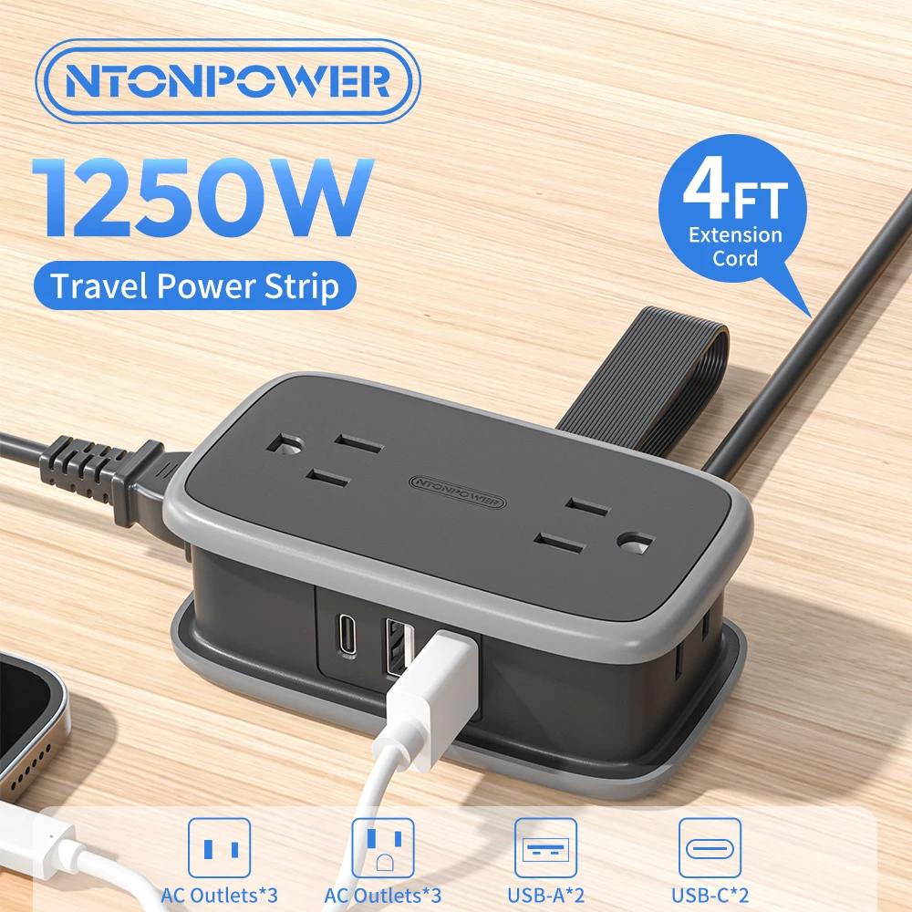 

Ntonpower US Plug Travel Power Strip with 4 Outlets And 2 USBA 1 USBC Ports Flat Plug 3FT Extension Cord Network Filter Adapter