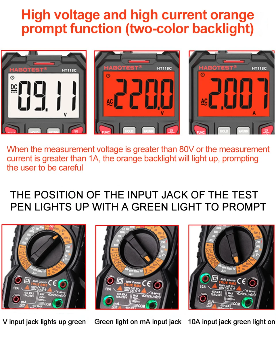 HT118 Digitalmultimeter Ture RMS 1000 V AC/DC 6000 Zählungen Voltmeter Auto/Manueller Bereich NCV Hz Diode Ohm Tester mit Hintergrundbeleuchtung – Detail 9