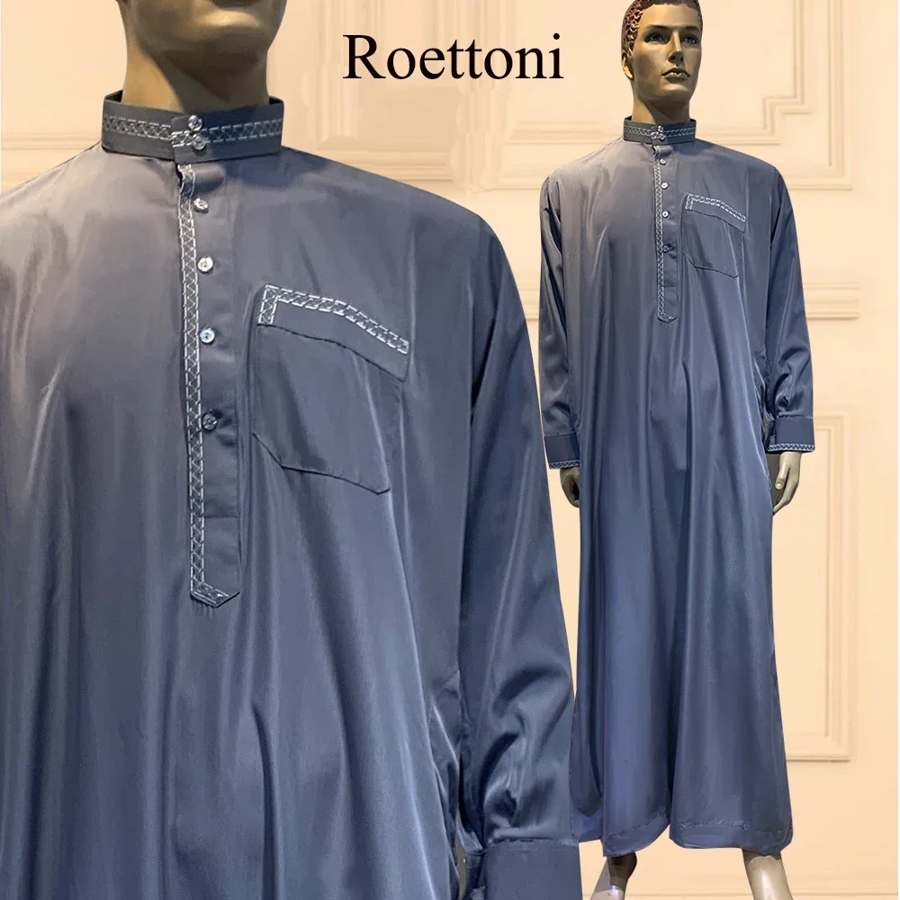 1 Piece Low Neck Ethnic Shirt Muslim Men's Jubba Thobe Kaftan Prayer Dress Qatar Pakistan Djellaba Islam Cloth Arabic Long Robe