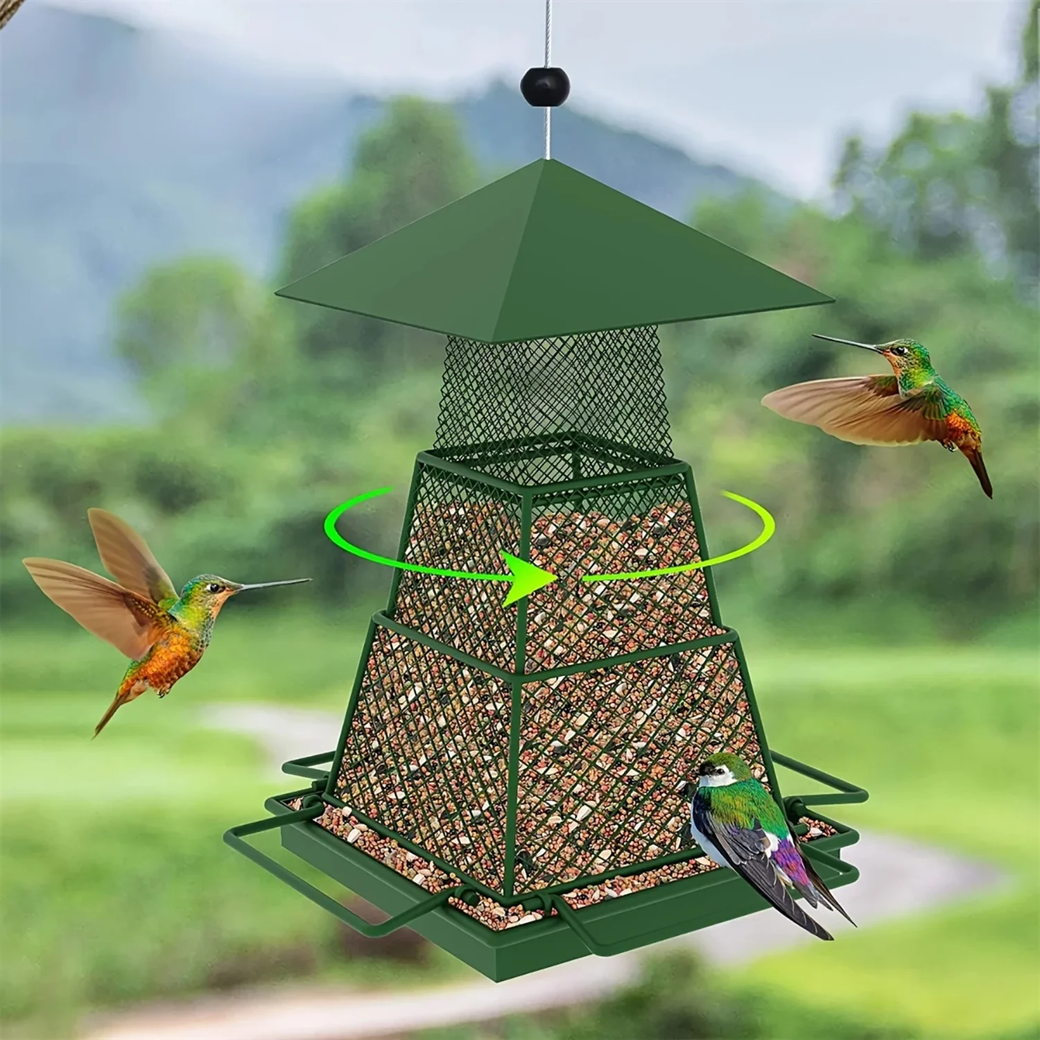 Garden Outdoor Retractable Bird Feeder Round/Square Anti-Squirrel Metal Mesh Hanging Bird Feeder Multiple Hole Bird Dispenser