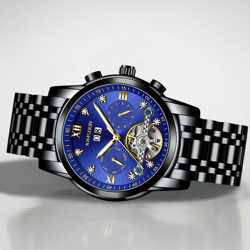A men's black steel strap business temperament Arabic numerals date display fully automatic mechanical watch