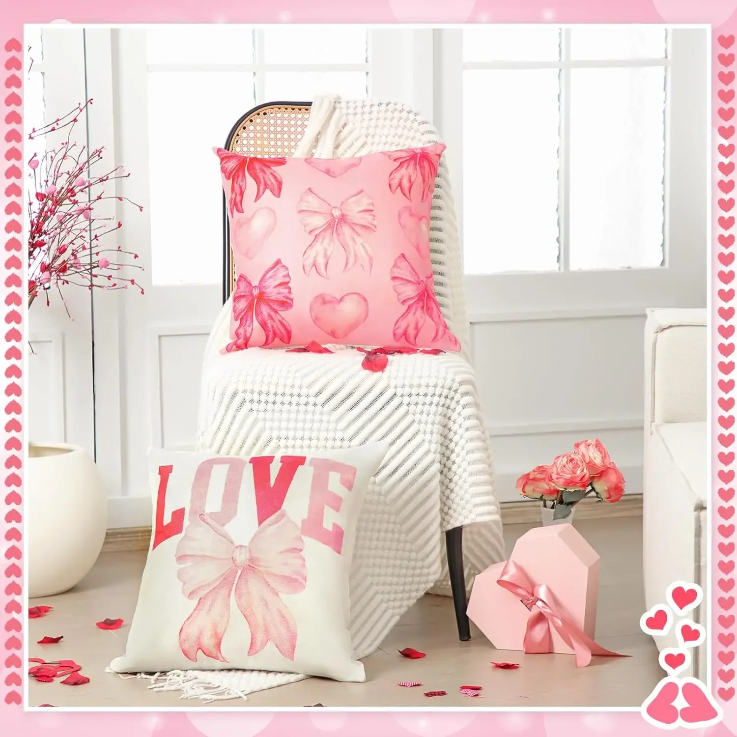 4 Pack Bow Valentine's Day Pillowcase Decorative Pink Bow Heart Pillowcase Less Sofa Bedroom Decor 45X45cm