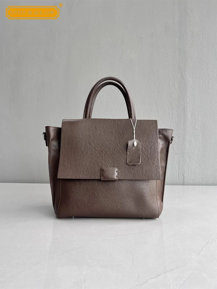 

Vintage Large Capacity Office Ladies Tote Handbag Genuine Leather Single Shoulder Women Casual Flap Solid Elegant Crossbody Bags