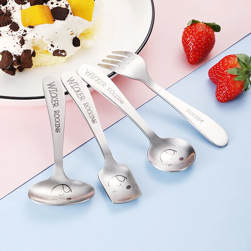 Withered 304 stainless steel children's tableware set, children's forks and spoons, thickened slanted handle, sandblasted laser