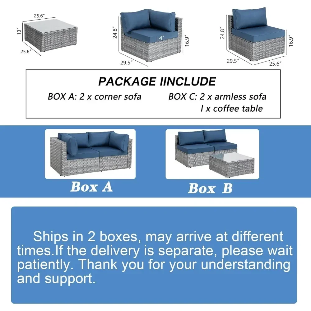 5 Pieces Outdoor Patio Sectional Sofa Couch, Silver Gray PE Wicker Furniture Conversation Sets with Washable Cushions