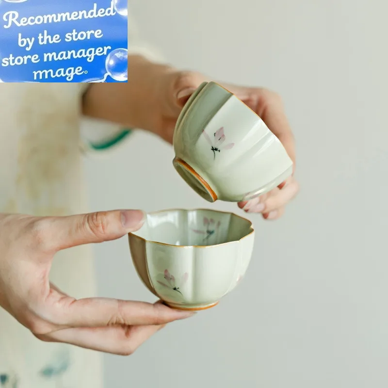 

2pc/set Hand-painted Pink Orchid Teacup Plant Ash Master Cup Tasting Mug Vintage Tea Bowl Meditation Cup Gift Teaware Craft 80ml