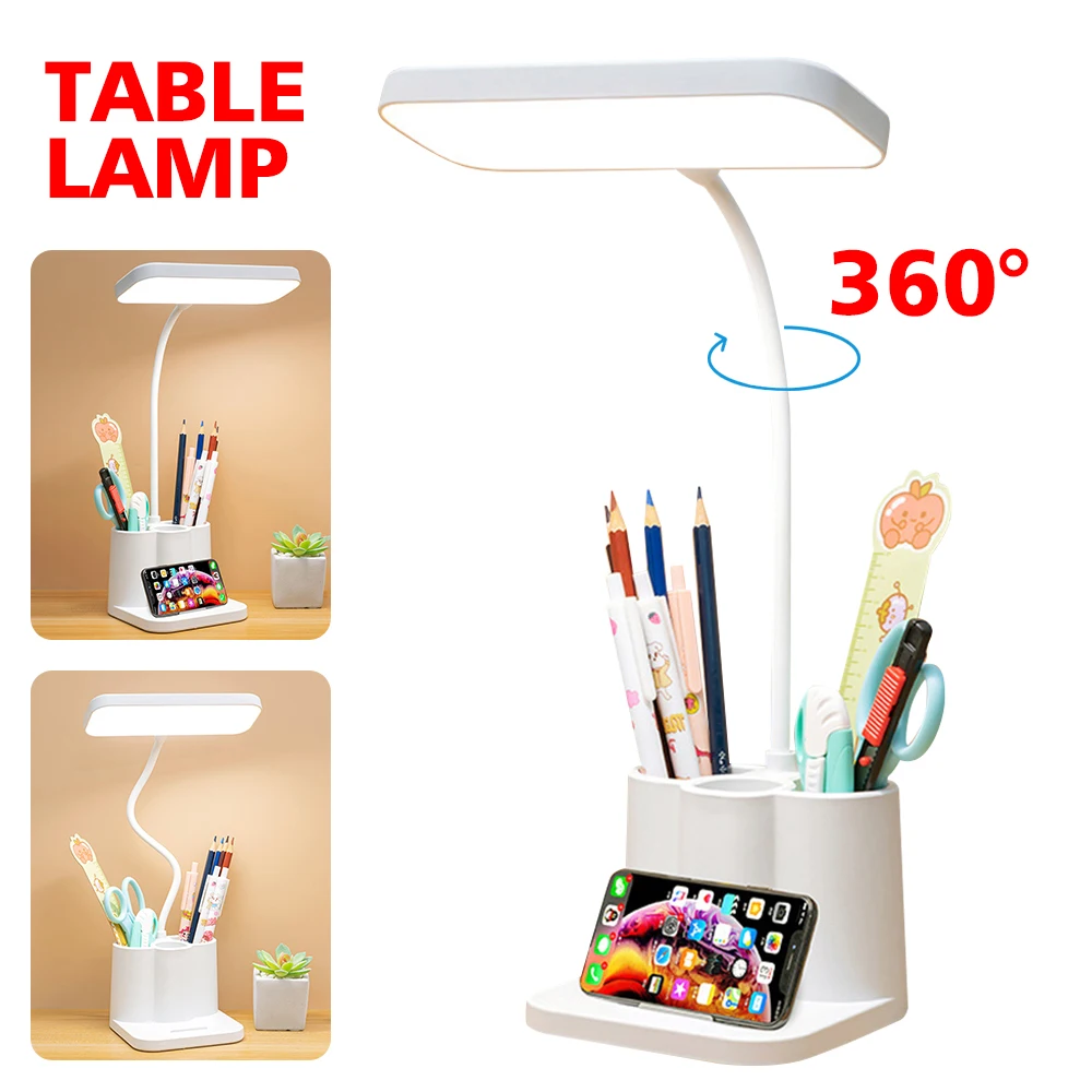 

LED Table Reading Lamp Flexible 3-color Dimming Eye-protection Desktop Lamp with Pen Cellphone Holder for Students Dormitory