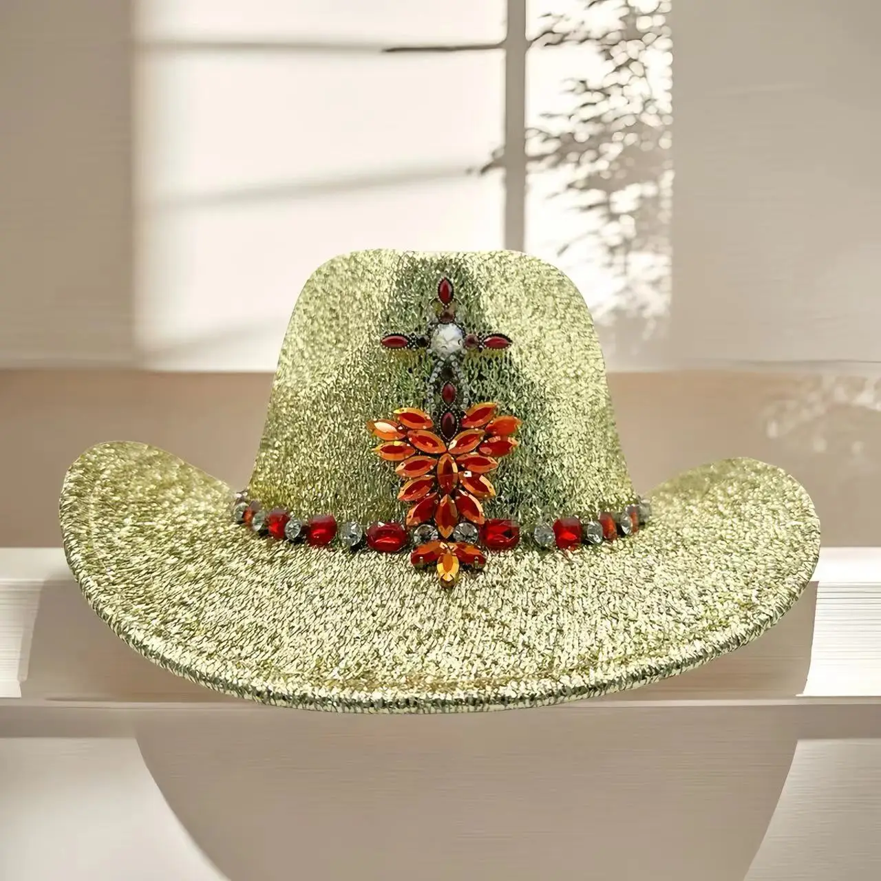 Sombrero de Vaquera con Pedrería para Mujer, Estilo Disco Beach, para Disfraces de Vaquera, Fiestas Vaqueras y Accesorios para Festivales Rave
