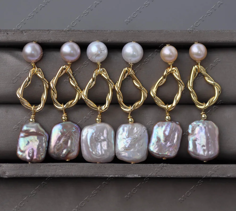MTC·STAR 17mm Round Square Coin Freshwater Pearl Dangle Earring Custom Jewelry （Z13308）