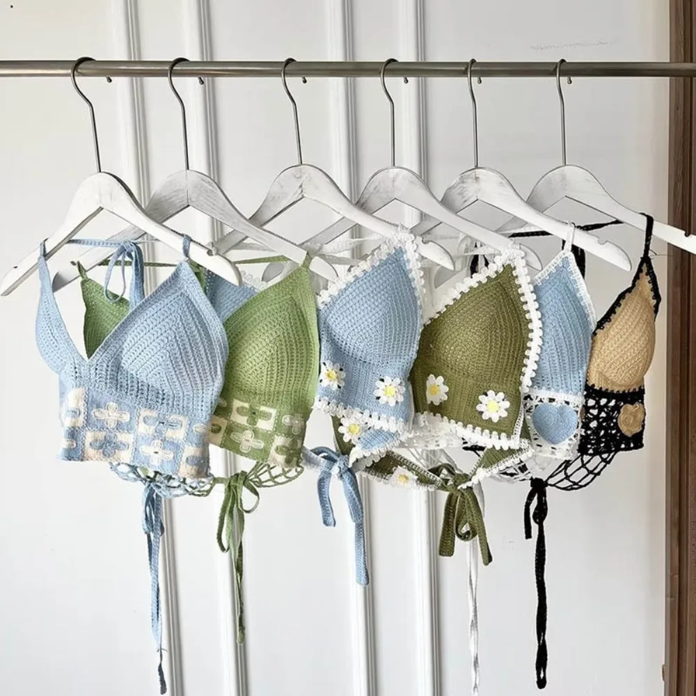 بلوزة قصيرة بوهيمية محبوكة للنساء ، ملابس سباحة بحمالات ، وسادات صدر ، طراز وطني ، موضة مثيرة ، عطلة شاطئ ، صيف